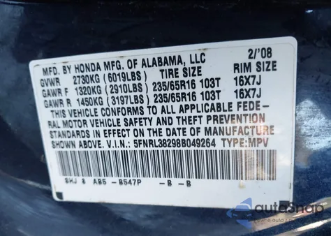 2008 Honda Odyssey Lx from USA, damaged, VIN 5FNRL38298B049264